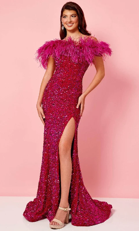 Hurry In Rachel Allan 70280 - Feathered Off Shoulder Prom Gown