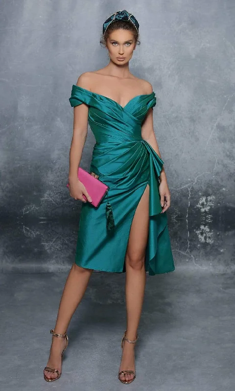 Stock Clearance Tarik Ediz - 96126 Pleated Off-Shoulder High Slit Cocktail Dress