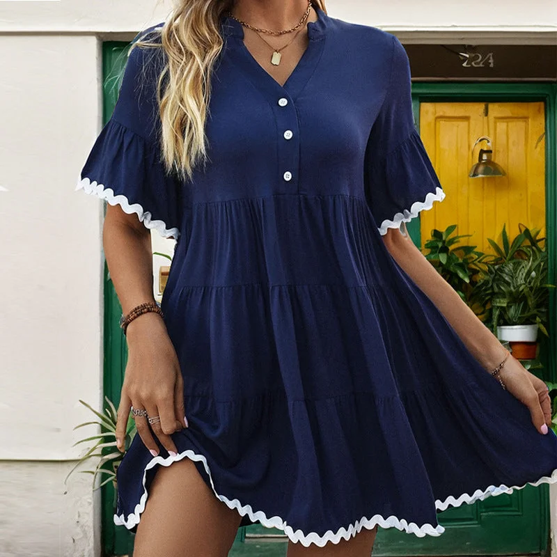 Unmissable Offer Contrast Trim Button Up V Neck Short Sleeve Ruffle Hem Babydoll Mini Dress