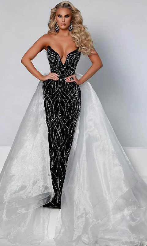 Deep Discounts Johnathan Kayne - Plunging Overskirt Evening Gown 2555 - 1 pc Black-White In Size 6 Available