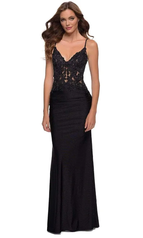 Final Markdown La Femme - 29774 Plunging V-Neck Lace Sheath Plus Size Prom Dress