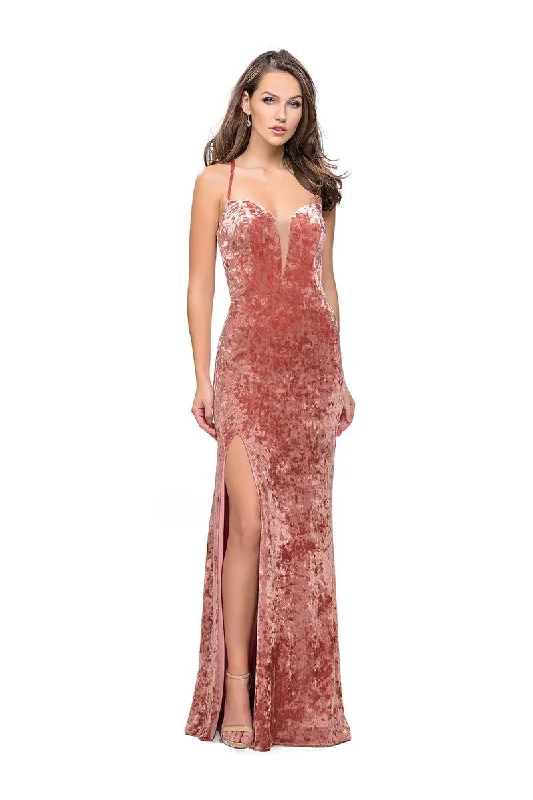 Price Blitz La Femme - 25659 Strappy Plunging Velvet Slit Dress