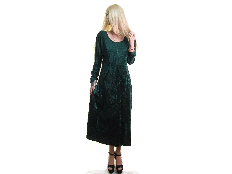 Lowest Prices Emerald Green vintage 90s crushed velvet dress loose fitting dress scoop net fit and flare dress One Size Adjustable S M L