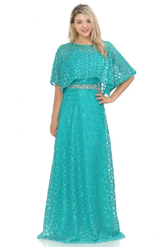 Massive Deals Lenovia - 5155 Crystal Beaded Waist A-Line Dress with Lace Poncho