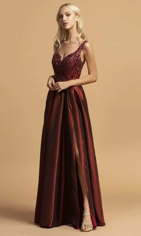 Overstock Aspeed Design - L2241 Ornate High Slit Taffeta A-Line Dress