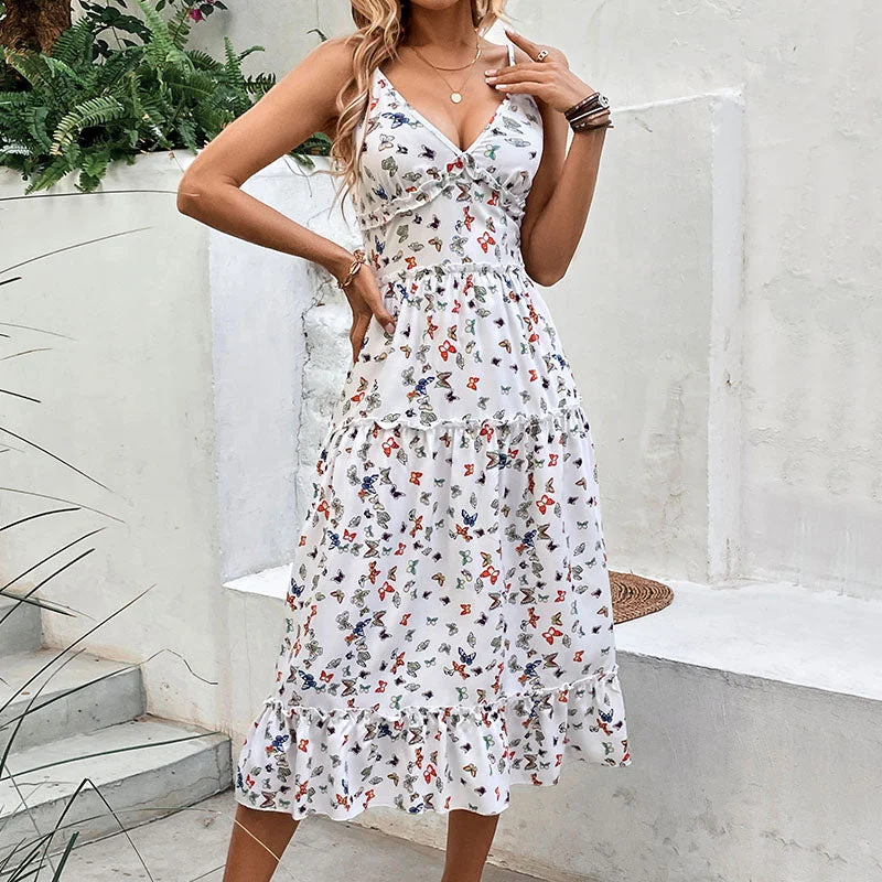 Instant Savings Butterfly Floral Spaghetti Strap Ruffle Tiered Midi Dress