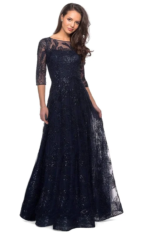 Warehouse Sale La Femme - 27942 Quarter Sleeve Sequined Lace A-Line Dress