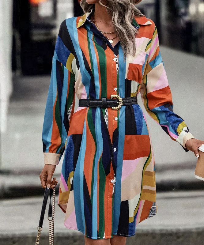 Super Savings Abstract Print Button Up Collared Long Sleeve Shirt Mini Dress