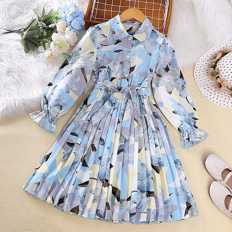 Price Buster Kids Floral Pleated Button Up Long Sleeve Dress