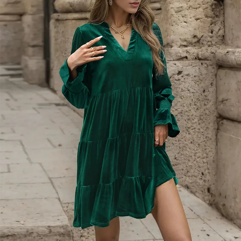 New Markdowns Velvet Ruffle Tiered Long Sleeve V Neck Mini Dress
