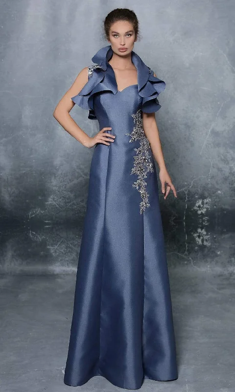 Deal Zone Tarik Ediz - Embellished and Ruffled A-line Gown 96024 - 1 pc Marlin Blue In Size 6 Available