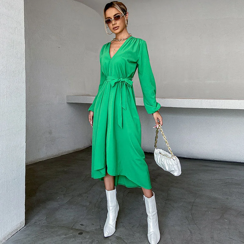 Deep Discounts Long Sleeve Tie Front Solid Midi Dress