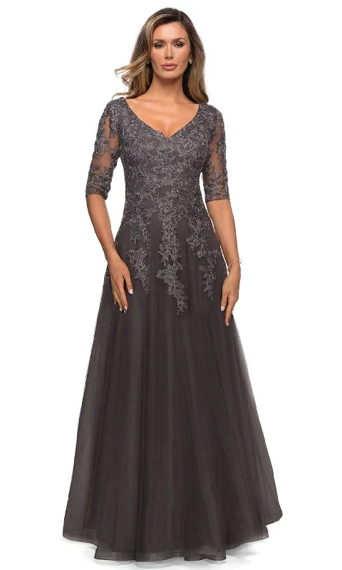 Exclusive Access La Femme - 27993 Floral Lace V Neck A-Line Long Dress