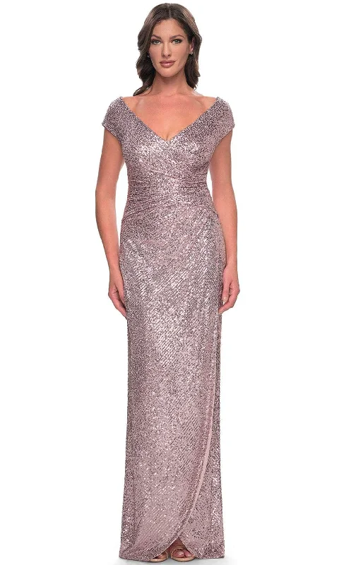 Online Only La Femme 30865 - Ruched Sequin Evening Dress
