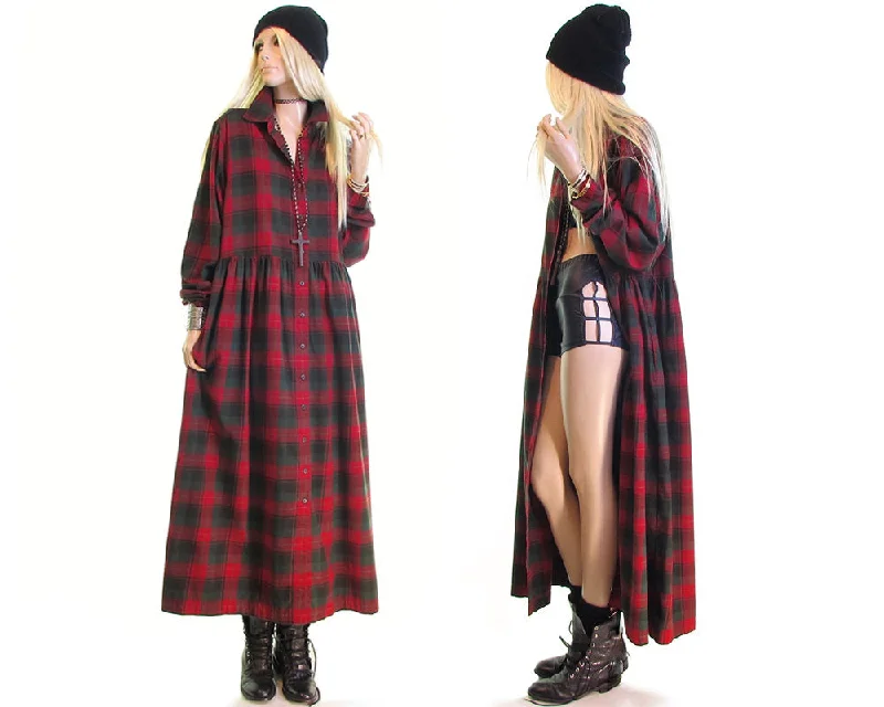 Deal of the Day Vintage 90s Scotch Plaid Flannel Dress - Riot Grrrl Punk Rock Goth Grunge Duster Maxi Dress - Cotton Size XL/X Large Petite