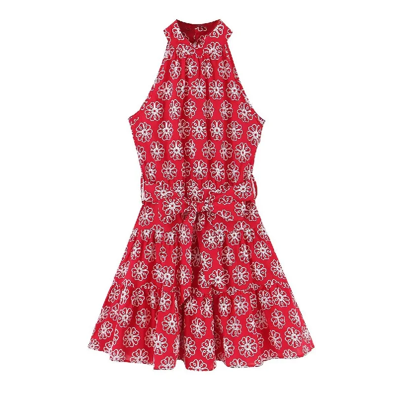 Stock Clearance Embroidered Floral Halter Tiered Ruffle Mini Dress
