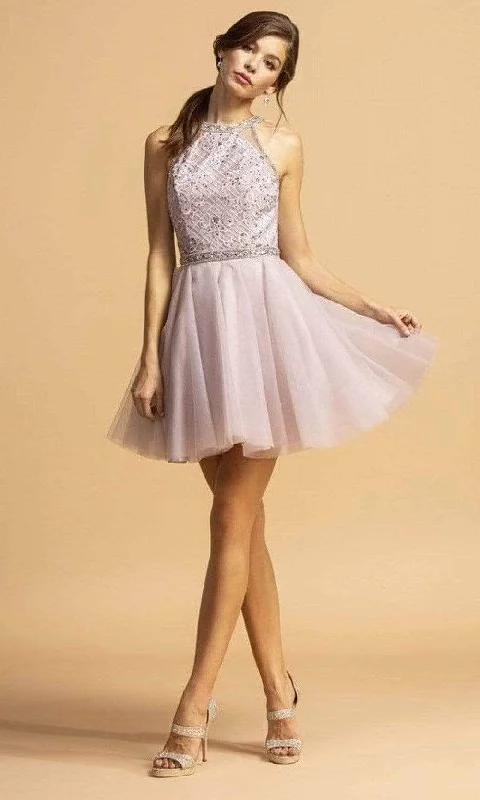 Closeout Aspeed Design - Embellished Halter Tulle Cocktail Dress S2095