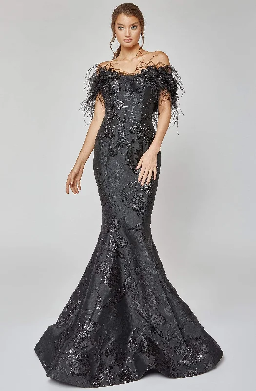 Overstock Terani Couture - 1921E0136 Feather Off Shoulder Mermaid Evening Gown