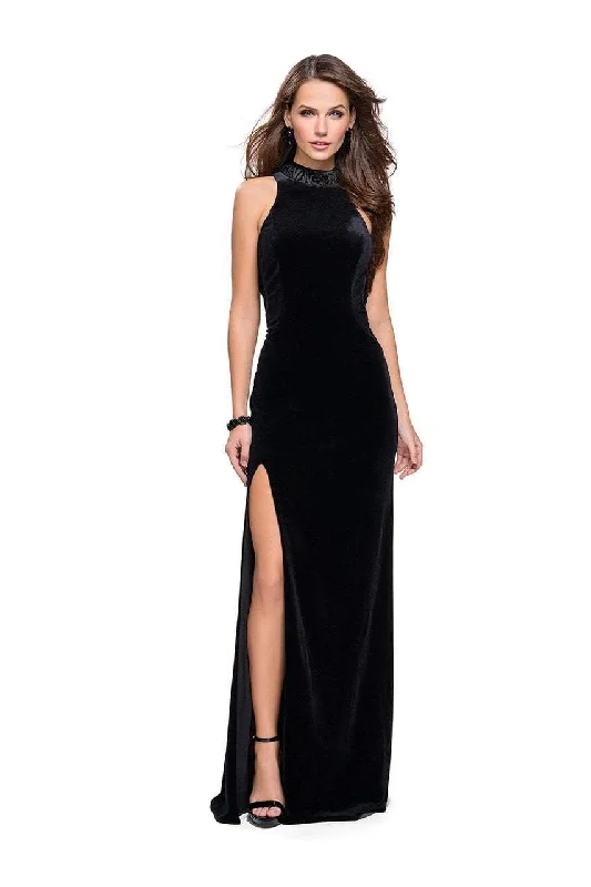 Deep Discounts La Femme - Beaded High Neck Velvet Long Gown with Slit 25559 - 2 pcs Black In Sizes 6 and 8 Available