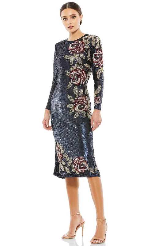 Massive Deals Mac Duggal 93624 - Floral Beadwork Long Sleeved Midi Dress