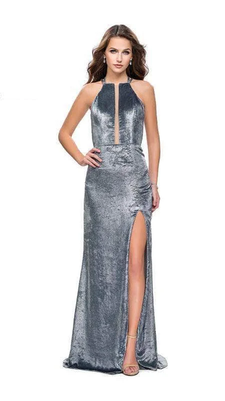 Doorbuster Deal La Femme - Velvet High Halter Evening Dress 25861SC