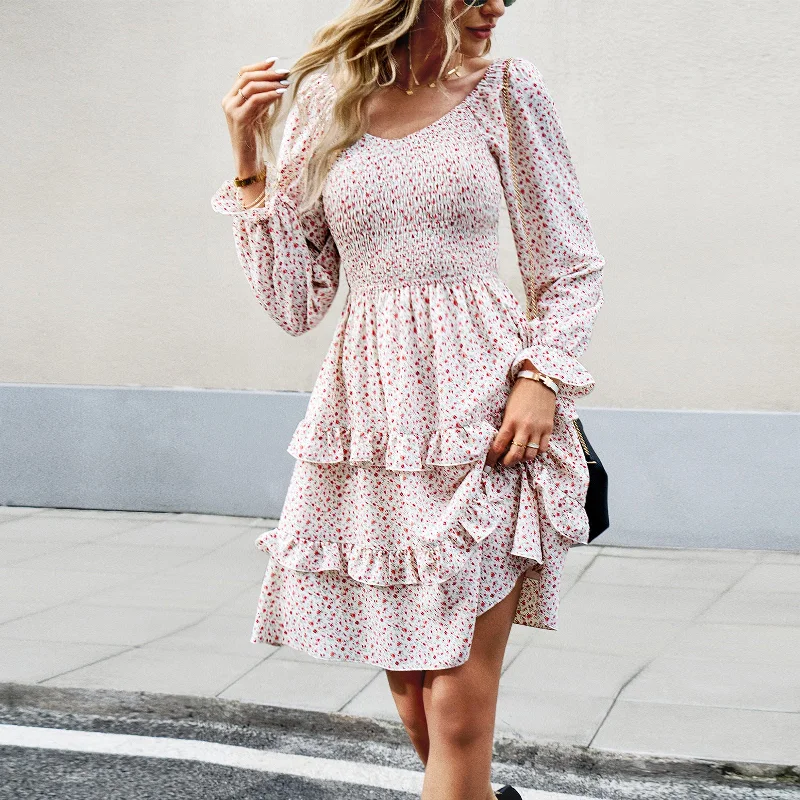 Clearance Items Ditsy Floral Long Sleeve Ruffle Tiered Mini Dress