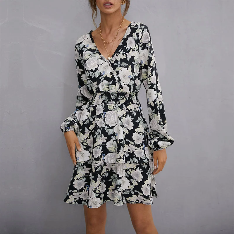 Shop and Save Floral Long Sleeve Cinch Waist Mini Dress