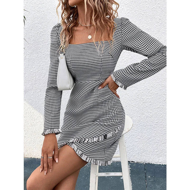 Limited Quantity Women Clothing Long Sleeve Houndstooth Dress Hip Dress Square Collar Slimming Elegant Dress Women