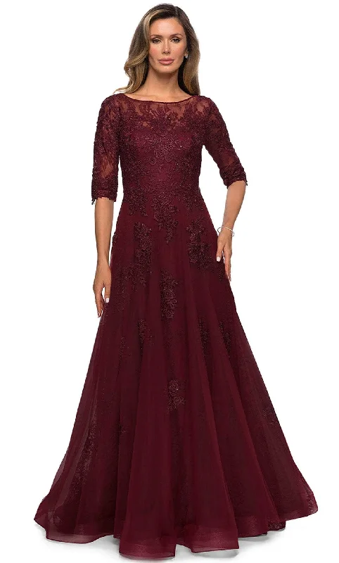 Daily Deals La Femme - 28036 Quarter Length Sleeve Floral Lace A-Line Gown