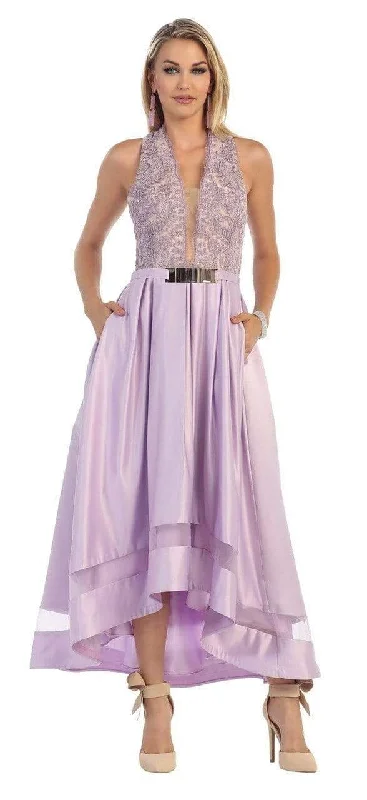 YEAR-End Sale May Queen - Lace Plunging Halter High Low Evening Gown RQ7354 - 1 pc Lilac In Size 4 Available YEAR-End Sale May Queen - Lace Plunging Halter High Low Evening Gown RQ7354 - 1 pc Lilac In Size 4 Available