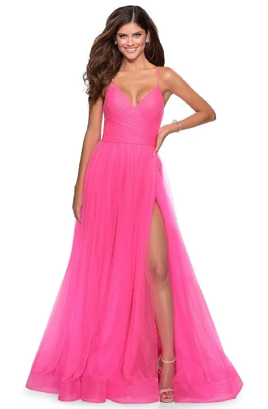Final Sale La Femme - 28561 Ruched Tulle A-Line Dress with Slit