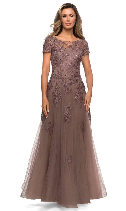 Online Specials La Femme - 27958 Embroidered Short Sleeve Tulle A-Line Dress
