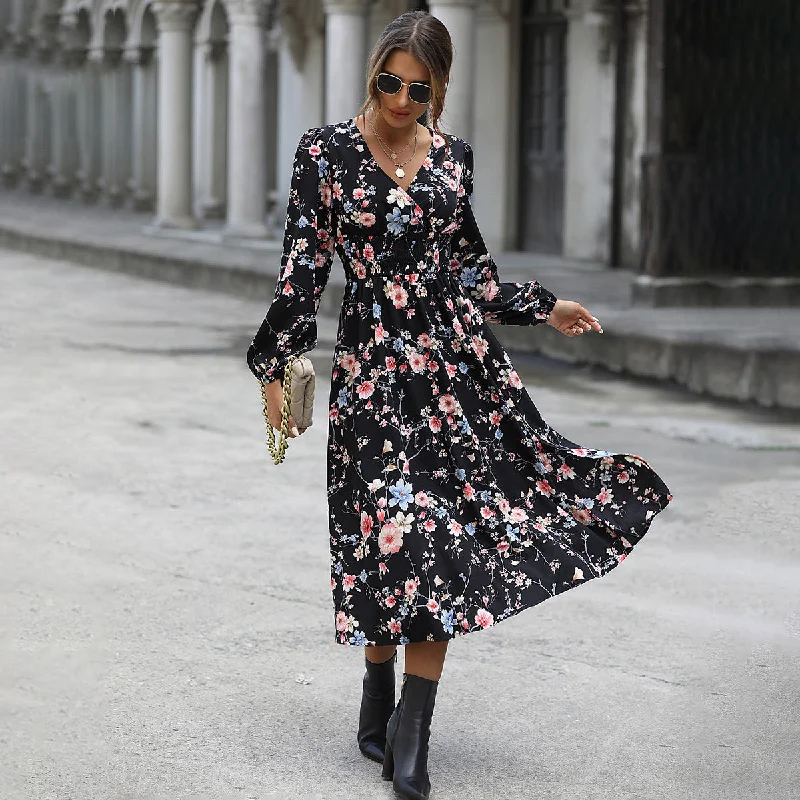 Today's Special Floral V Neck Long Sleeve Smocked Midi Dress