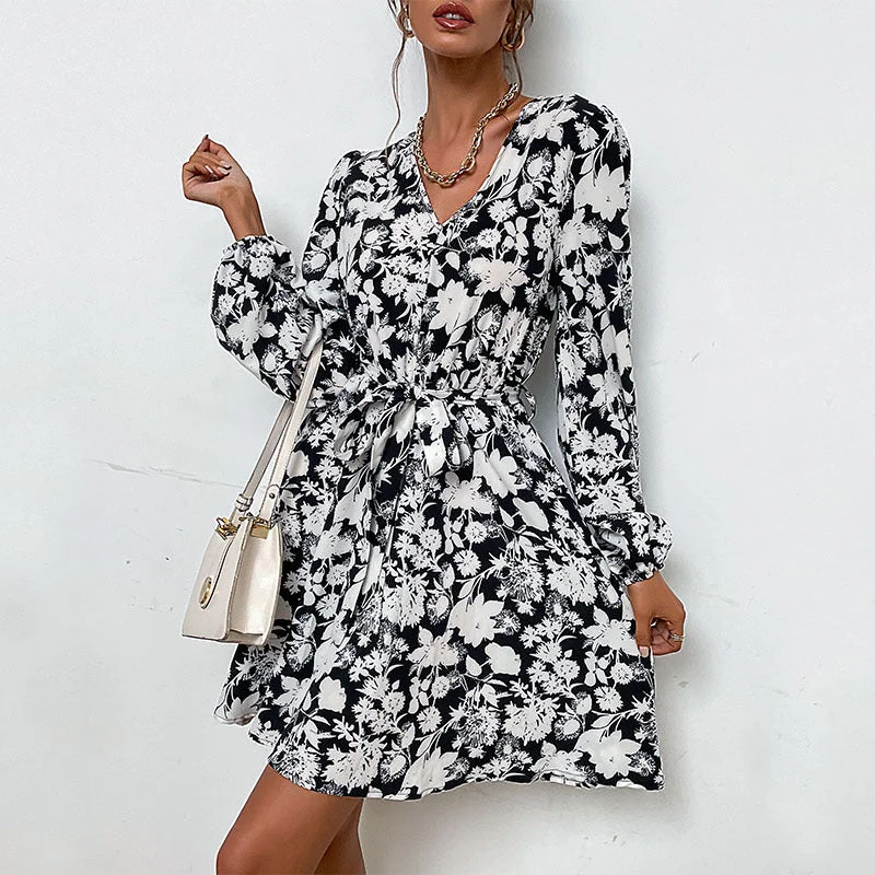 Bargain Prices Floral V Neck Belted Long Sleeve Mini Dress
