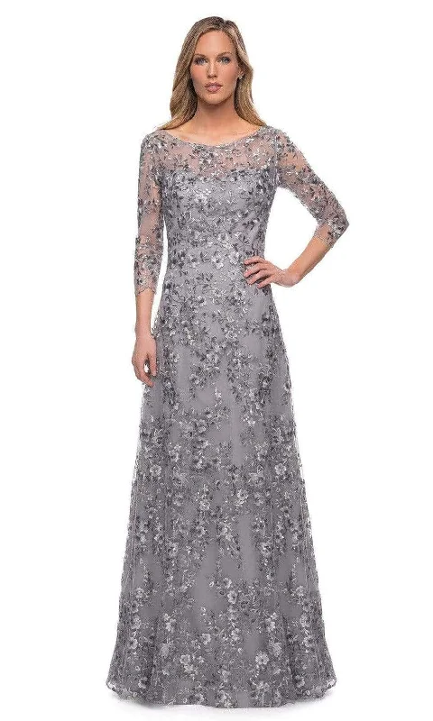 Daily Deals La Femme - 29903 Floral Embroidered Sheer Sleeve Gown