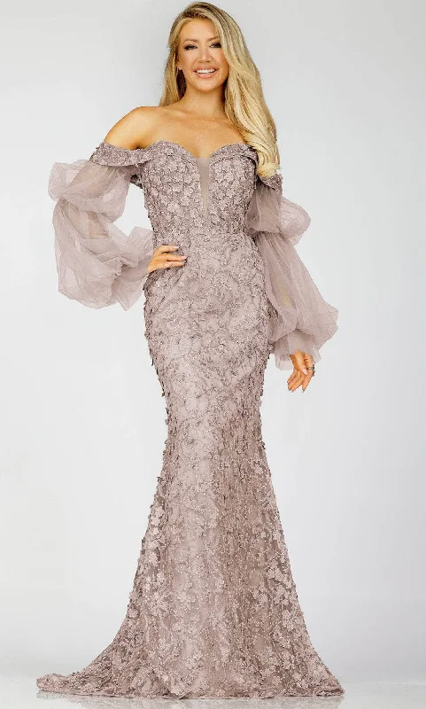 Price Drop Terani Couture 231E0515 - Off-Shoulder Sheer Sleeves Evening Gown