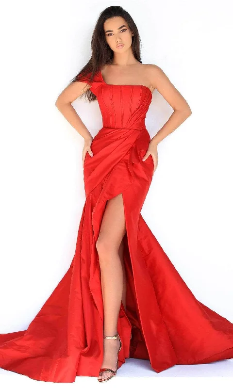 Anniversary Sale Tarik Ediz - Ruffled Slit Mermaid Evening Gown 50869 - 1 pc Red In Size 10 Available