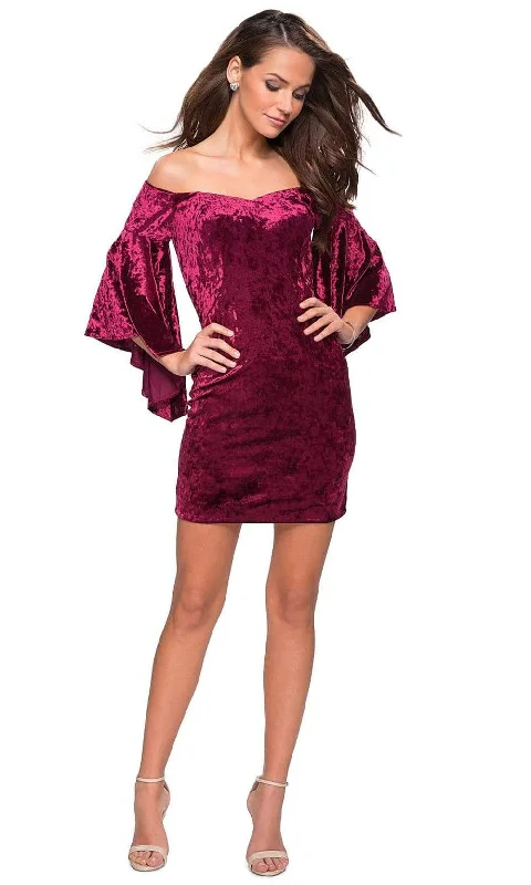 Closeout La Femme - Off Shoulder Quarter Length Bell Sleeves Velvet Dress 26640SC - 1 pc Wine In Size 10 Available Closeout La Femme - Off Shoulder Quarter Length Bell Sleeves Velvet Dress 26640SC - 1 pc Wine In Size 10 Available