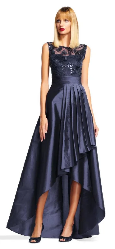 Deep Discounts Adrianna Papell - AP1E200402 Lace Illusion Pleated High Low Dress - 1 Pc Navy in Size 14 Available Deep Discounts Adrianna Papell - AP1E200402 Lace Illusion Pleated High Low Dress - 1 Pc Navy in Size 14 Available