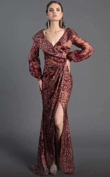 Online Specials MNM Couture - 2417 Sequined Long Sleeve V-neck Trumpet Dress