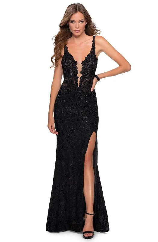 Online Only La Femme - 28648 Deep V-Neck Lace Sheath Dress