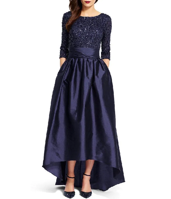 Epic Deals Adrianna Papell 091919630 Sequined High Low Bow Accent Gown - 1 pc Navy in Size 8 Available Epic Deals Adrianna Papell 091919630 Sequined High Low Bow Accent Gown - 1 pc Navy in Size 8 Available