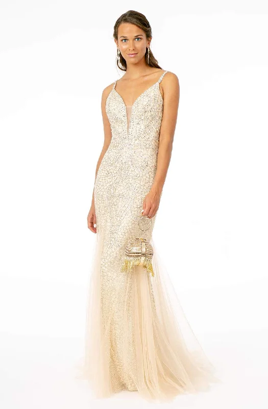 Price Cut GLS by Gloria - GL1842 Plunging Beaded Metallic Tulle Trumpet Gown