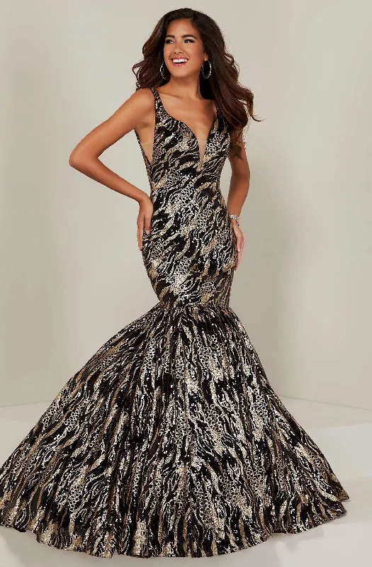 Early Access Tiffany Designs - 16361 Sequined Motif Plunging Trumpet Gown
