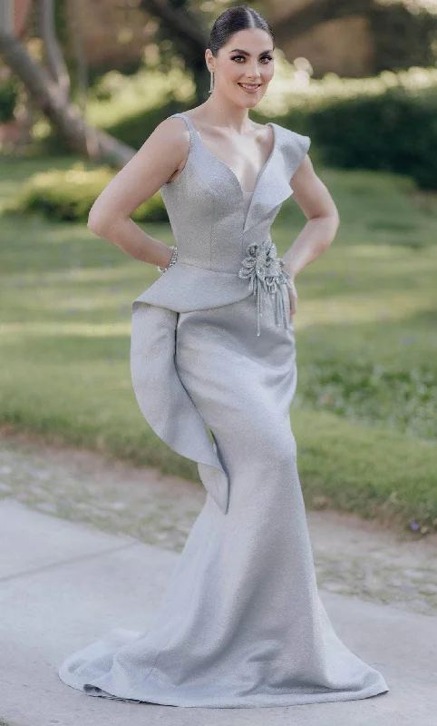 Final Clearance Terani Couture 232E1297 - Plunging V-Neck Brocade Evening Gown
