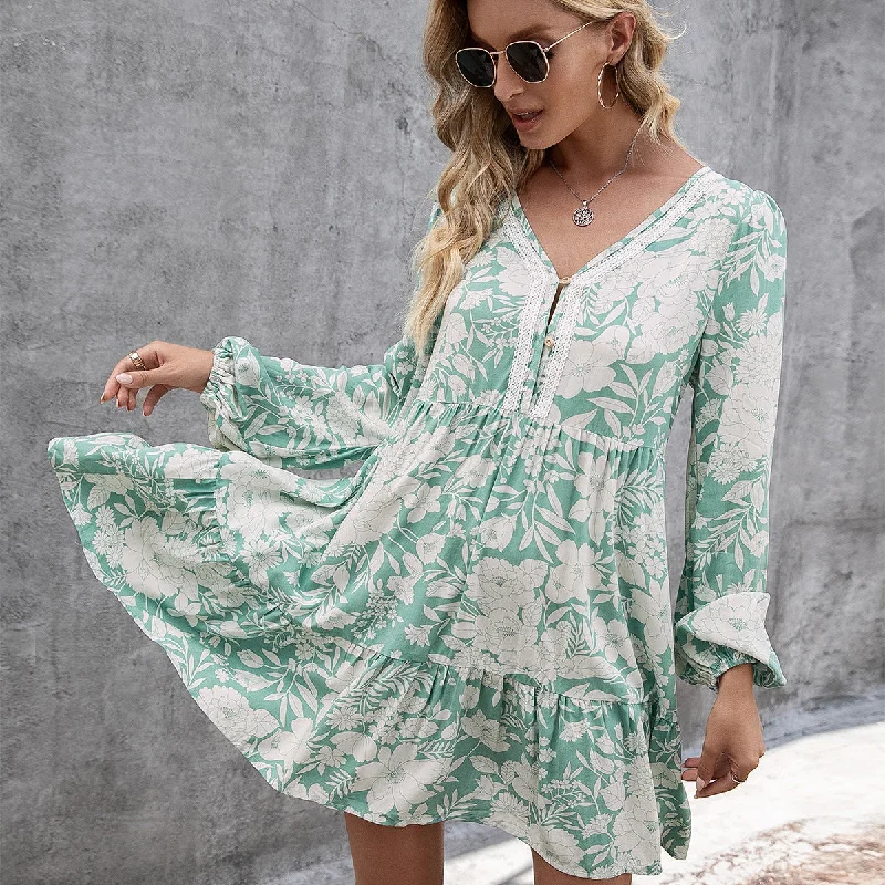 Major Savings Floral V Neck Long Sleeve Tiered Mini Dress