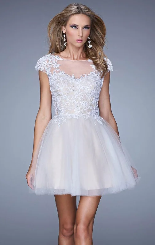 Inventory Reduction La Femme - Cap Sleeve Appliqued Illusion Bateau A-line Dress 20781SC