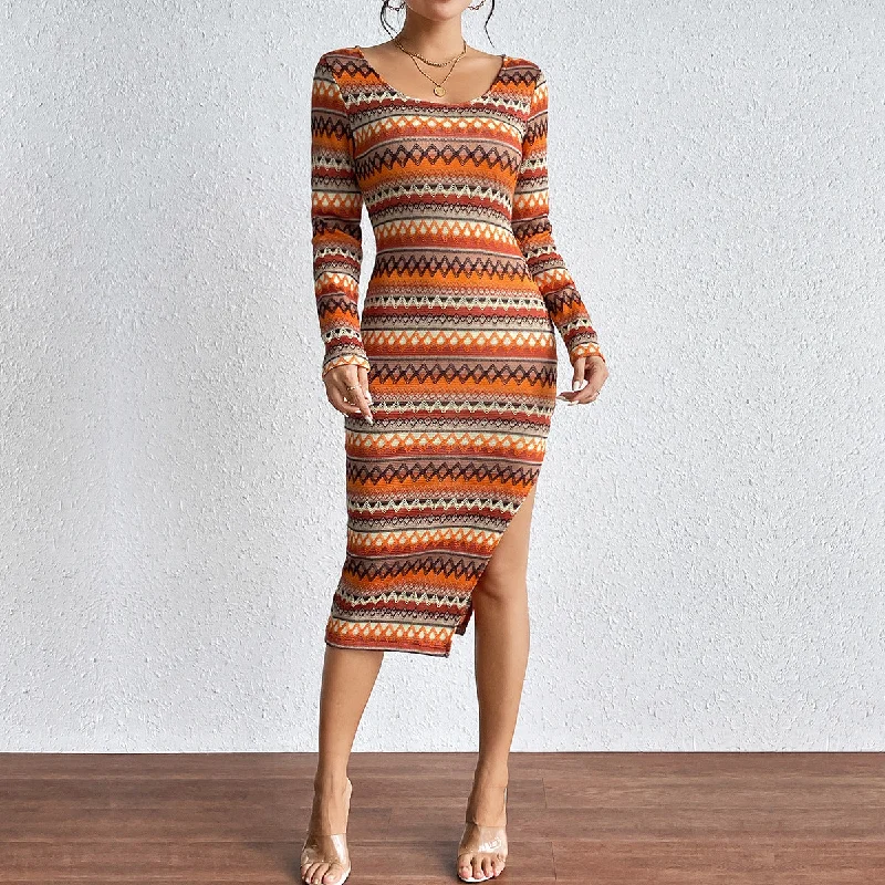 Price Blitz Aztec Striped Zig Zag Side Slit Long Sleeve Midi Dress