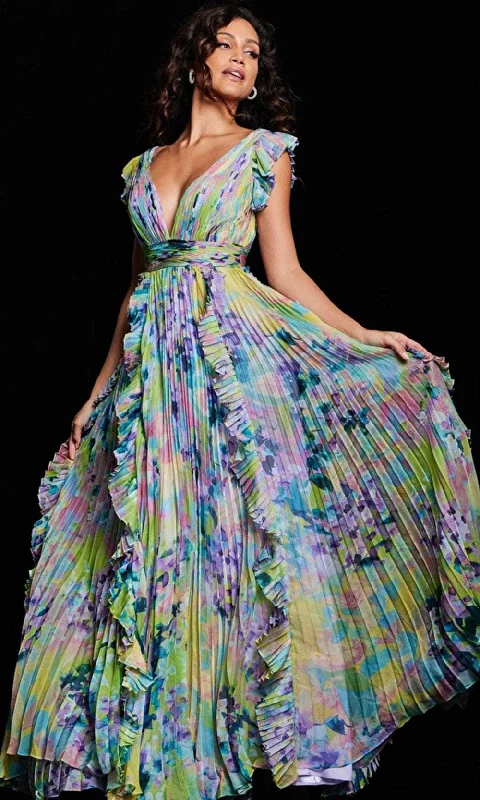 The Best Prices Jovani 34412 - Floral Print Flutter Long Dress