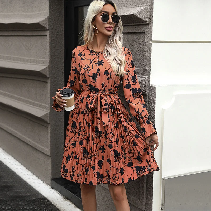 Price Rollback Floral Pleated Long Sleeve Belted Mini Dress